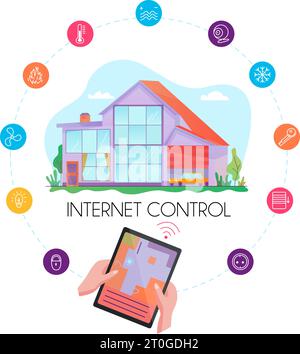 Colorful concept of smart house technology system with internet control of security conditioning heating fire electricity flat vector illustration Stock Vector