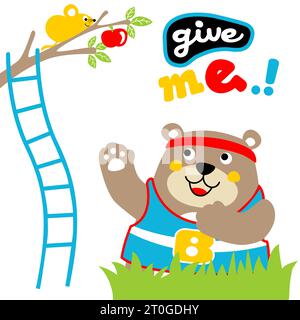 Cute bear with mouse picking fruit, vector cartoon illustration Stock Vector