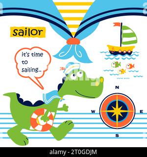 Cute dinosaur the funny sailor with sailing elements, vector cartoon illustration Stock Vector