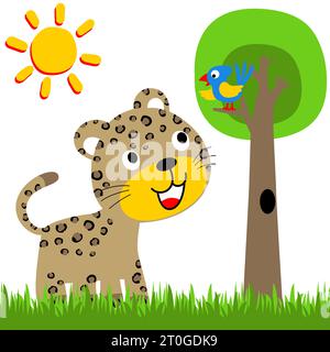 Funny leopard with bird on a tree, vector cartoon illustration Stock Vector