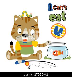 Little cat with fishing tackle, caterpillar on cat's head, fish in the jar, vector cartoon illustration Stock Vector