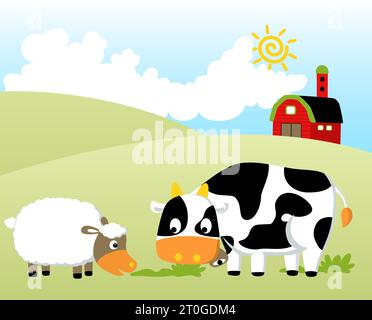 Funny farm animals in farm field, vector cartoon illustration Stock Vector