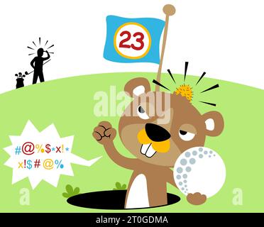 funny angry mole lump holding golf ball in golf hole, vector cartoon illustration Stock Vector