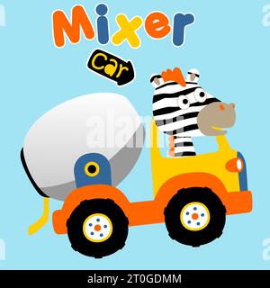 Cute zebra driving mixer truck, vector cartoon illustration Stock Vector