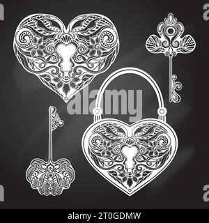 Chalkboard heart shape locks and retro style keys set isolated vector illustration Stock Vector