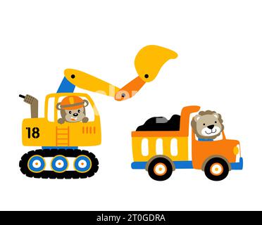 Funny monkey on backhoe loader, cute lion on dump truck, vector cartoon illustration Stock Vector