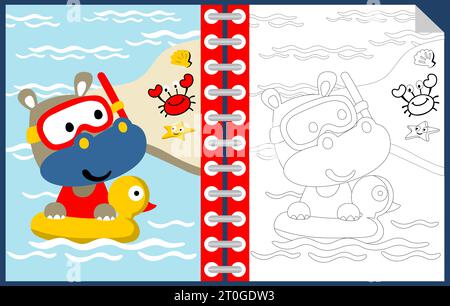 Vector cartoon of cute hippo wearing diving goggles in duck ring with marine animals in the beach, coloring book or page Stock Vector