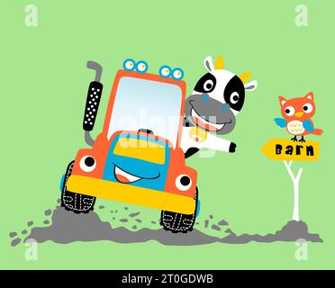 Funny cow driving tractor in farmyard with funny owl, vector cartoon illustration Stock Vector