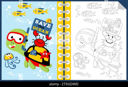 Funny marine animals cartoon with save the ocean campaign board, coloring book or page Stock Vector