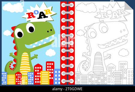 Funny monster cartoon in the city, coloring book or page Stock Vector