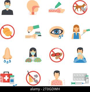 Allergy symptoms and allergens icons flat set isolated vector illustration Stock Vector