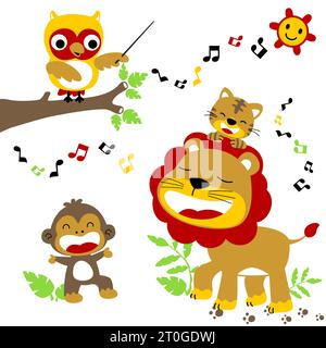 Cute animals singing together in the jungle with smiling sun, vector cartoon illustration Stock Vector