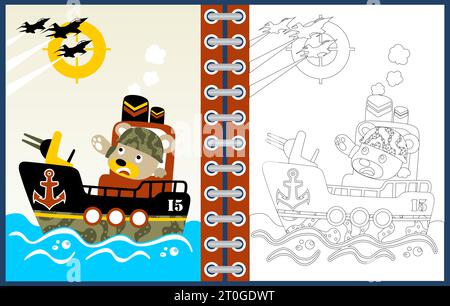 Funny bear on warship, vector cartoon illustration, coloring page or book Stock Vector