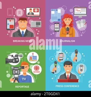 Press concept icons set with breaking news reportage and press conference symbols flat isolated vector illustration Stock Vector