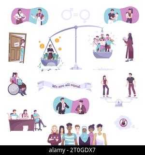 Social justice set flat isolated icon set with we are all equal headline on the ribbon vector illustration Stock Vector