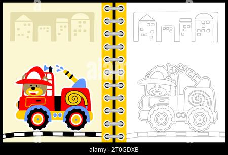 Cute bear on firetruck, vector cartoon, coloring page or book Stock Vector