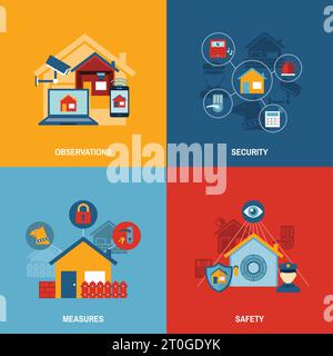 Wireless remote controlled security camera system with monitor 4 flat icons square composition flat abstract vector illustration Stock Vector