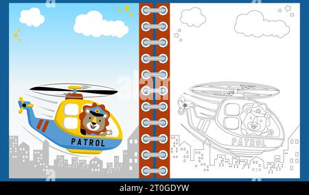 Vector cartoon of cute lion on helicopter, coloring book or page Stock Vector