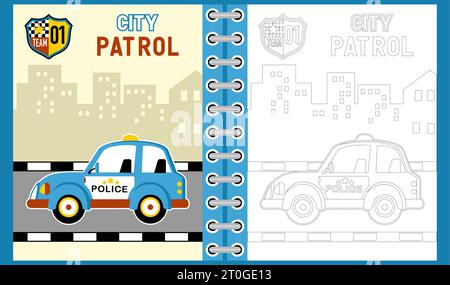 vector cartoon of police car on buildings background, coloring book or page Stock Vector