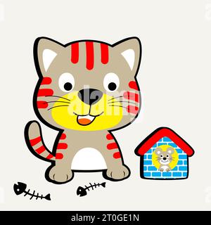 Funny cat and mice with fish bone, vector cartoon illustration Stock Vector
