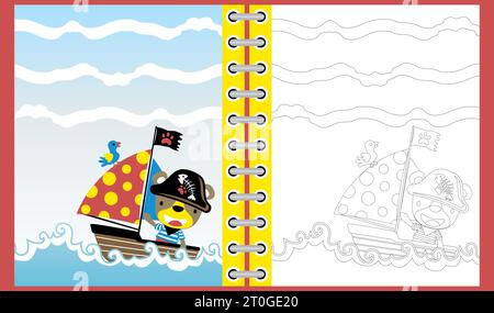 funny bear in pirate costume with little bird on sailboat in the sea, coloring book or page Stock Vector