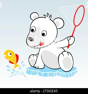Cute polar bear try to catch fish with fish net, vector cartoon illustration Stock Vector
