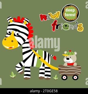 Cute zebra pulling little bear on cart, vector cartoon illustration Stock Vector