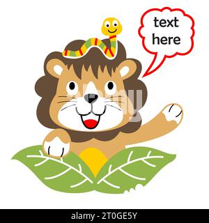 Cute lion with caterpillar, vector cartoon illustration Stock Vector