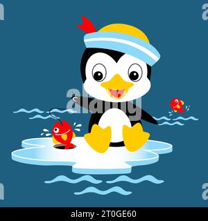 Cute penguin wearing sailor cap fishing on ice chunk, vector cartoon illustration Stock Vector