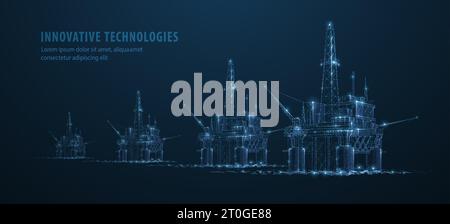 Oil rigs. Abstract 3d floating rig platforms isolated on blue. gas platform, offshore drilling, refinery plant, petroleum industry Stock Vector