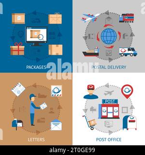 Mail concept icons set with packages post office and letters symbols flat isolated vector illustration Stock Vector