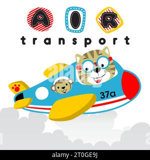 Vector cartoon of funny cat with monkey on airplane Stock Vector