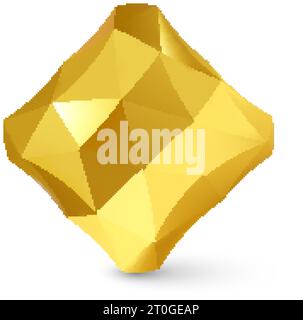 Low Poly Cubical Object, Geometric Wireframe Shape, or Yellow Crystal Polyhedron with Shadow Effect on White Background Stock Vector