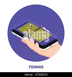 Tennis isometric circle composition with human hand holding smartphone with sport playground and isolated editable text vector illustration Stock Vector
