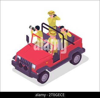 Safari isometric colored composition four hikers drive a red pickup truck and take pictures of the nature around them vector illustration Stock Vector