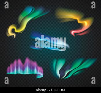 Isolated northern lights of purple blue yellow and green colors on dark transparent background realistic vector illustration Stock Vector