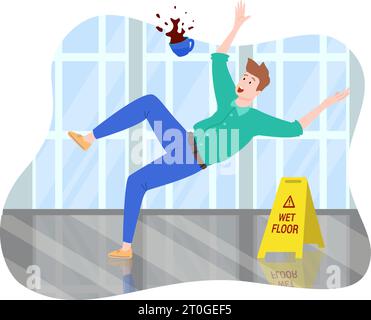 Flat composition with man slipping and falling on wet floor dropping cup of coffee vector illustration Stock Vector