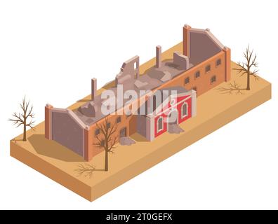 Ruined destroyed city building and burned trees isometric vector illustration Stock Vector