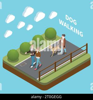 Dog walker isometric concept with dog walking in park symbols vector illustration Stock Vector