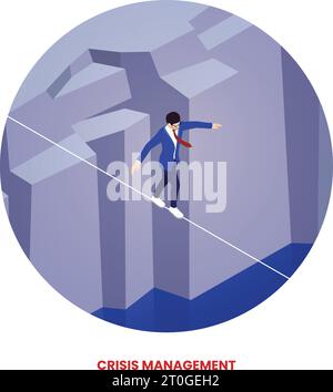 Crisis management concept with businessman balancing on the rope isometric vector illustration Stock Vector