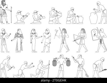 Ancient egypt society monochrome set with isolated icons wireframe human characters of egyptians on blank background vector illustration Stock Vector