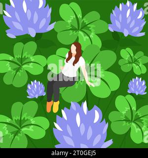 Lucky symbols floral background with young woman little character sitting on big image of four leaf clover vector illustration Stock Vector