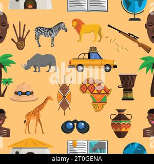 Africa seamless pattern with hunting equipment and safari animals vector illustration Stock Vector