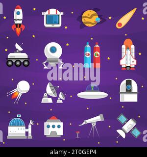 Space icons set with rocket lunar station astronaut food isolated vector illustration Stock Vector