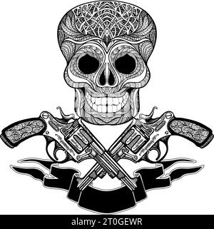 Hand drawn  black  crossed guns with ornaments  ribbon and  skull on white  background   vector illustration Stock Vector