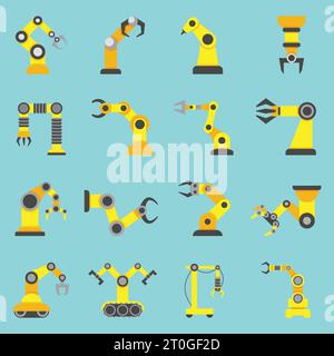 Remotely controlled robotic arms samples in automation industry yellow flat icons collection abstract isolated vector illustration Stock Vector