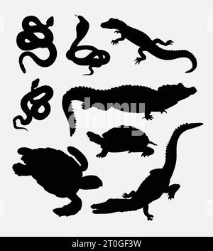 crocodile, snake, and turtle amphibian reptile animal silhouette Stock Vector