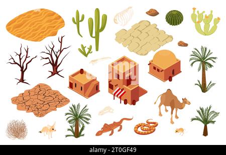 Desert isometric icons set of traditional mud brick architecture dry soils pavement sand dunes isolated vector illustration Stock Vector