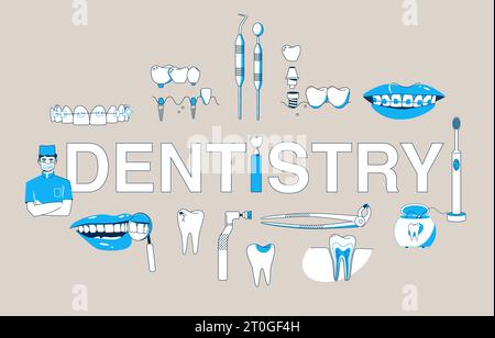 Dentistry composition with flat text surrounded by isolated tooth and mouth icons with tools and implants vector illustration Stock Vector