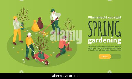 Spring gardening isometric horizontal web banner with faceless characters of gardeners working with tools outdoors 3d vector illustration Stock Vector